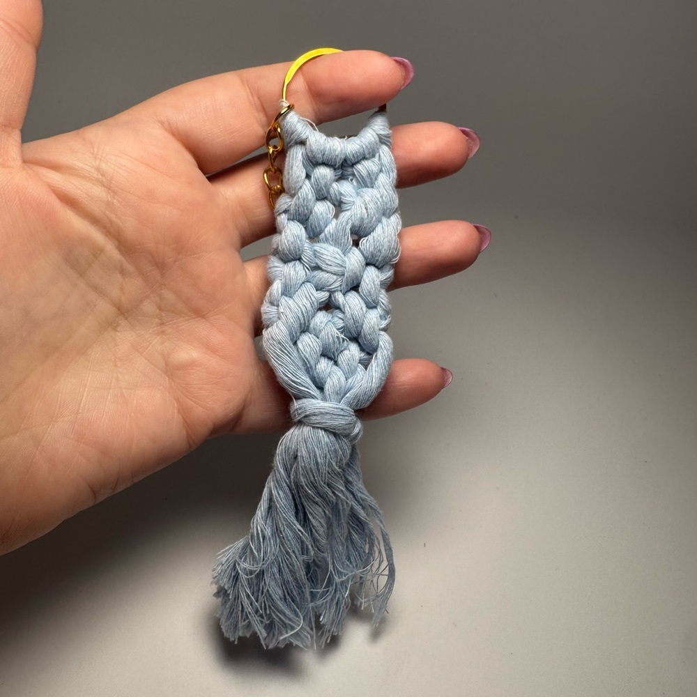 Light Blue Macrame Keychain Tassel Woven Bag Charm w/Gold Key Ring | Gifts